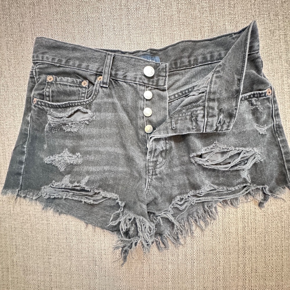 Aeropostale Boyfriend Short Black Distressed Denim Cut Off Button Fly Size 4